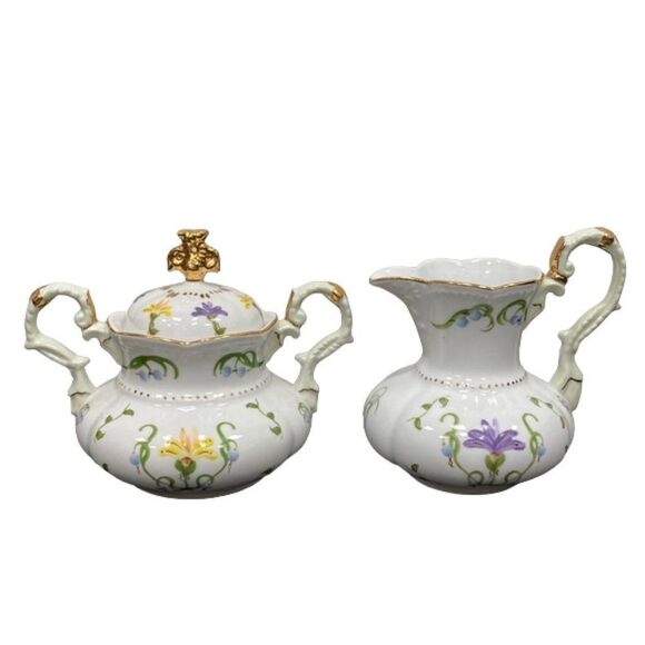 Lissi Kaplan Giftcraft China Crocus Sugar Pot & Creamer with Gold Top and Rim - Picture 1 of 16